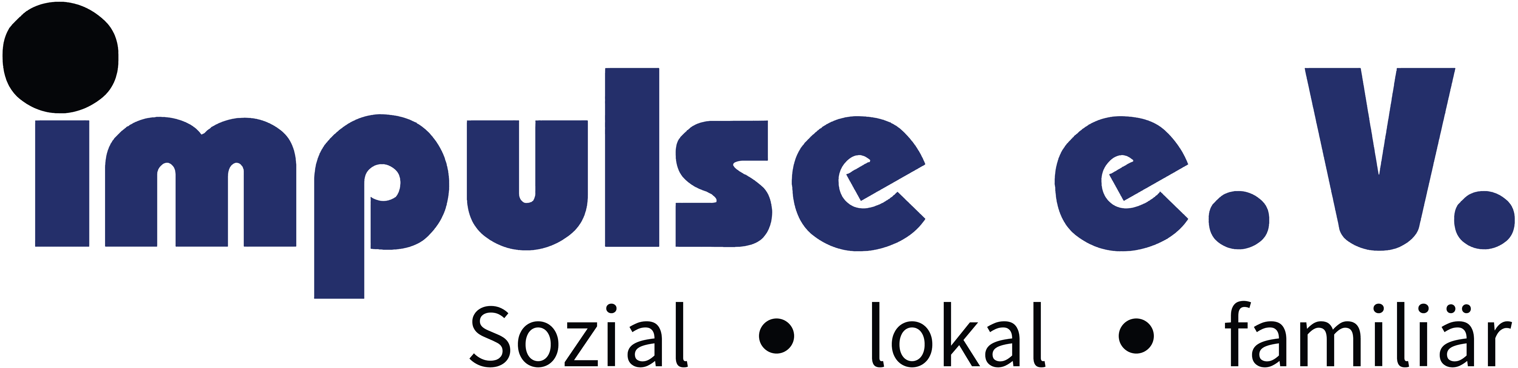 Das Logo des gemeinnützigen Vereins Impulse e.V. ist in blau und schwarz gehalten und trägt den Slogan sozial, lokal, familiär