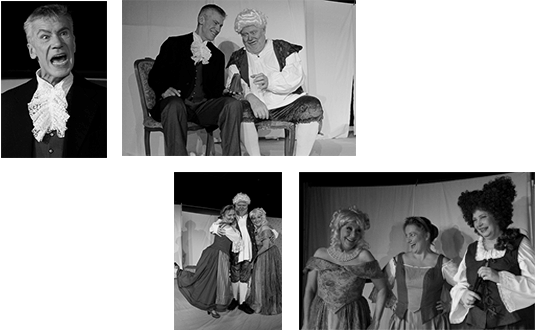Bild zeigt Ausschnitte aus dem Theaterstück 'Die lustigen Weiber von Windsor'. Man sieht mehrere Bilder von drei Frauen und zwei Männern, die Kleidung aus dem 17. Jahrhundert tragen