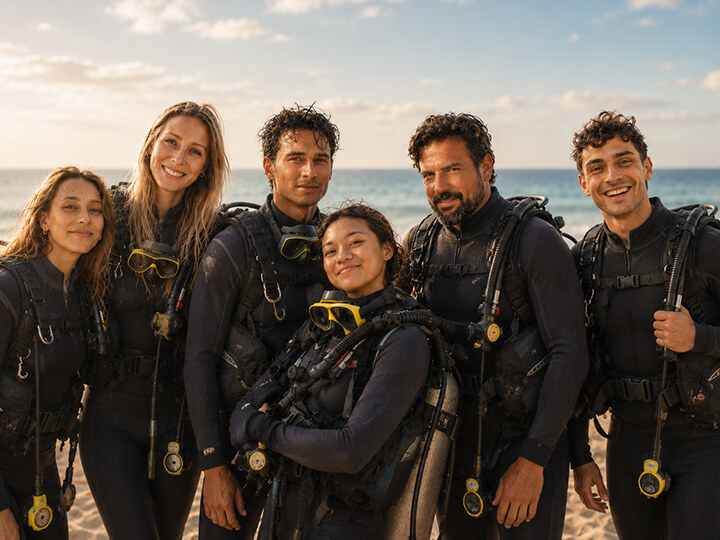 Teambild bestehend aus Bettina Beckmann und 5 Taucherlehrer:innen