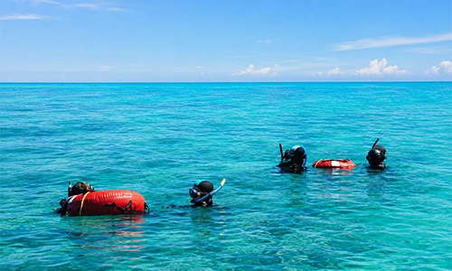 Taucher unter Wasser während eines Rettungstrainings