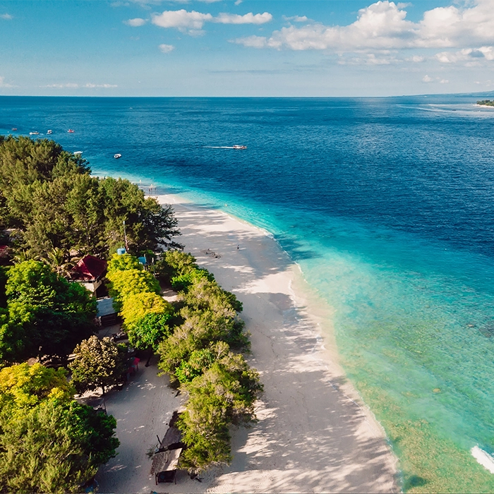 Blick auf das Resort von Bettys Tauchschule, mit einem weißen Sandstrand, Palmen und türkisblauem Wasser
