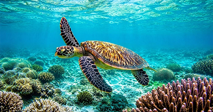 Meeresschildkröte, die über einem Korallenriff schwimmt